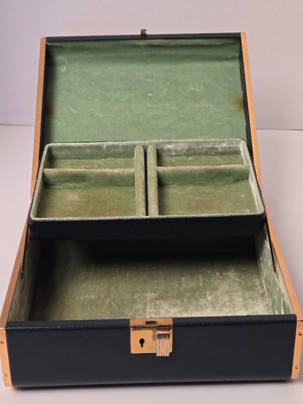 Antique Farrington Jewelry Box ~ Green w/Gold Trim ~ Cantilevered Tray ~ 1950s